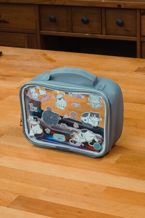 Graue Schul-Lunchbox mit Katzenmuster, Stift- und Notizbuch-Tragebox mit Griff - 3