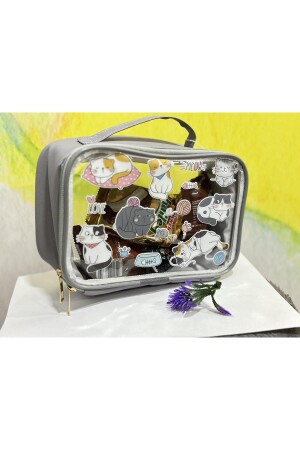 Graue Schul-Lunchbox mit Katzenmuster, Stift- und Notizbuch-Tragebox mit Griff - 5