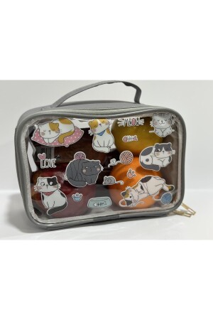 Graue Schul-Lunchbox mit Katzenmuster, Stift- und Notizbuch-Tragebox mit Griff - 6