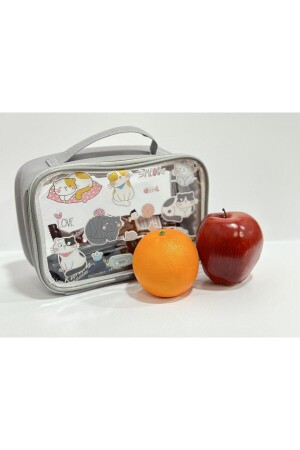 Graue Schul-Lunchbox mit Katzenmuster, Stift- und Notizbuch-Tragebox mit Griff - 7