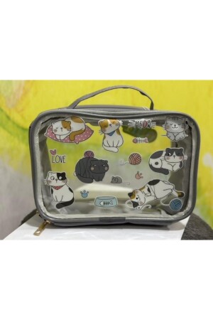 Graue Schul-Lunchbox mit Katzenmuster, Stift- und Notizbuch-Tragebox mit Griff - 8