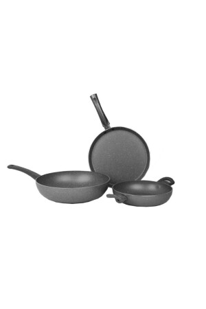 Graues 3-teiliges Pfannenset (28 cm Wok + 26 cm Crêpe + 20 cm Pfanne) MEHTAP-3LUTAVA - 1