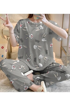 GRAUES, kurzärmliges Damen-Pyjama-Set mit Bugs-Bunny-Aufdruck, besonders weich, von PNY - 1