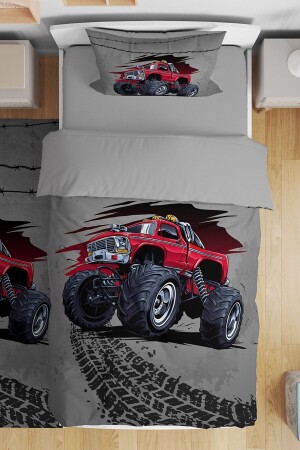 Graues Monster Truck-gemustertes Einzelbettbezug-Set für Babys und Kinder - 2