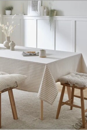 Gri Cizgili Organik Ham Keten Masa Örtüsü - Home Art Atelier Hand Made