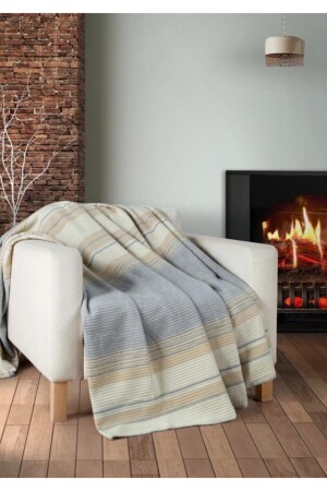 Gri Çizgili Pamuklu Tek Kişilik Battaniye 3621044 - acartekstil