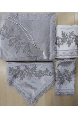 Gri Kadife Seccade Takımı 5 Parça Çeyizlik Bohça Gelin Seti - Gri (KUTULU) 70*120 Cm - Lamazihome