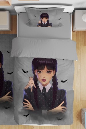 Gri Wednesday Addams Desenli Tek Kişilik Bebek Çocuk Nevresim Takımı evnev00171 - 1