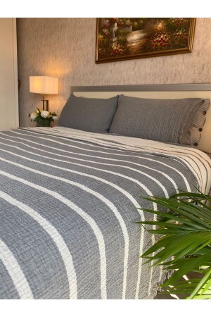Grau/anthrazit gestreifte King-Size-Musselin-Tagesdecke/Hecht - Yasemininevi