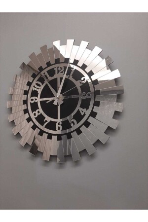 Große dekorative silberne Sonnen-Wanduhr, moderne türkische Ziffern, verspiegeltes Plexiglas auf MDF, 60 x 60 cm - 1