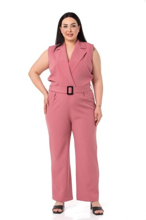 Großer zweireihiger Dusty Rose-Jumpsuit mit elastischem Bund, Reißverschluss und Gürtel - 1