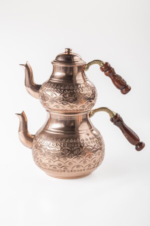 Großes Gaziantep-Kupfer-Teekannen-Set und Balkon-Genuss-Set mit blumengesticktem Klammerdetail DMT-19145 - 4