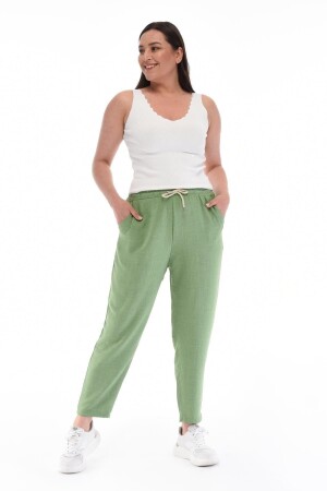 Grüne Damen-Mom-Hose aus synthetischem Leinen mit hoher Taille und schmalem Bein und Schnürung in Übergröße C611-bb - 1