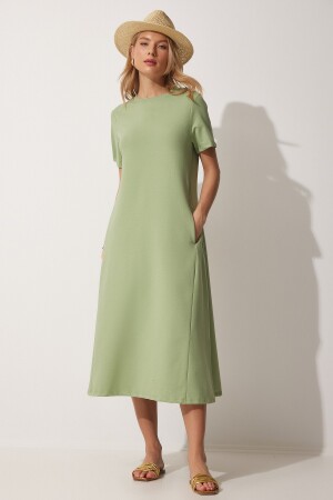 Grünes A-Linien-Sommerkleid für Damen aus gekämmter Baumwolle UB00060 - 3