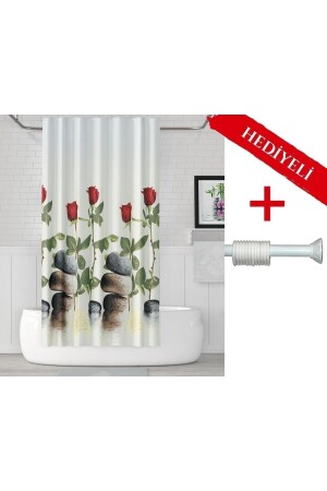 Gül Desen Banyo Perdesi Askı Hediyeli 180x200cm Tek Kanat Duş Perdesi- Kırmızı Banyo Duş Perdesi - Tropikhome