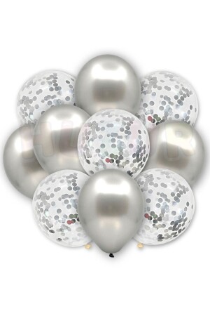 Gümüş Konfetili Şeffaf Ve Gümüş Metalik Balon Seti 20 Adet 30 Cm Içi Gözüken Gri Pullu Balon Pulu - 1