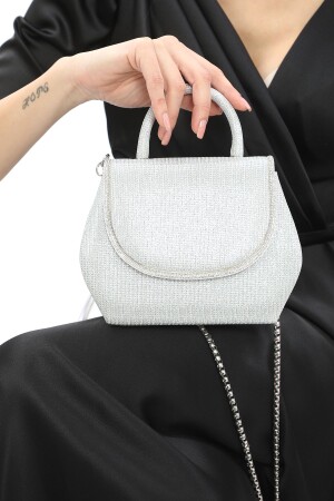 Gümüş Renk Çupra Materyal Taşlı Zincir Askılı Kadın Abiye Porföy Düğün Clutch Çanta - Piedra