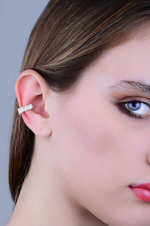 Gümüş Rodyumlu Baget Kesim Zirkon Taşlı Sıkıştırmalı Kıkırdak Küpe Ear Cuff - 1