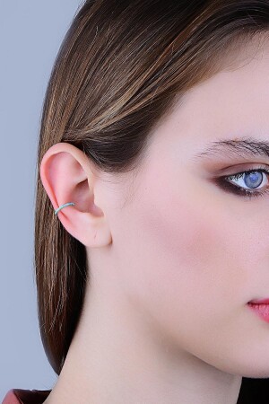 Gümüş Rodyumlu Turkuaz Taşlı Sıkıştırmalı Kıkırdak Küpe Ear Cuff - 2