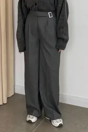 Gümüş Tokalı Palazzo Pantolon Antrasit - Nuuwears