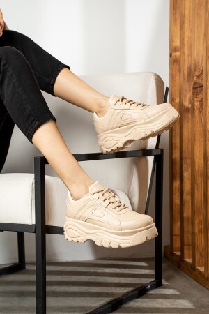 Günlük Kadın Bej Sneaker Spor Ayakkabı Desenli Hafif Yüksek Taban Bağcıklı 001 - 3