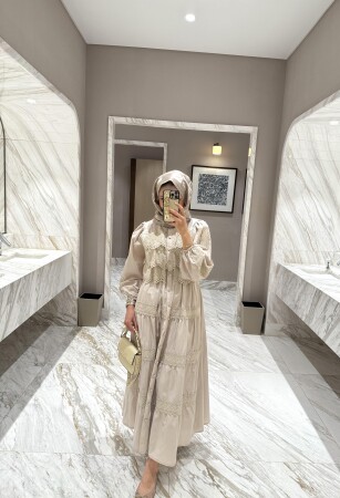 Güpürlü Elbise - Bej - Duendeca