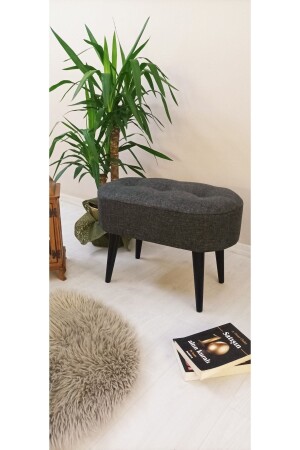 Gürgen Siyah Ahşap Ayak Antrasit Keten Kumaş Oval Puf Bench - Webpanya