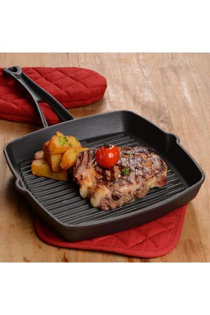 Gussquadrat-Grillpfanne aus Gusseisen mit massivem Griff. Größe 26x26cm. - 6