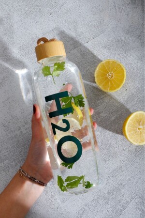 H20-Glasflasche mit Bambusdeckel, 1 Liter - 5