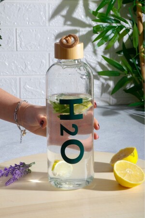 H20-Glasflasche mit Bambusdeckel, 1 Liter - 6