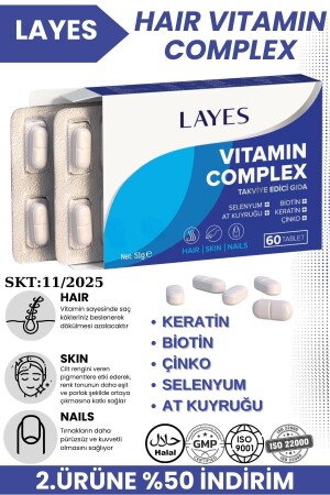 Hair Vitamin Complex 60 Tablet Biotin Keratin Çinko D3 At Kuyruğu Selenyum Folik Asit Saç Vitamini - 1