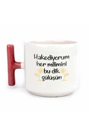 Hakediyorum Her Milimini Bu Dik Gülüşün El Yapımı Krem Parlak Kupa (Kırmızı Kulp) - Hediye Seramik K - 2