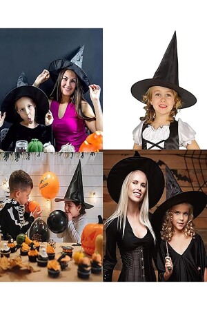 Halloween Cadı Şapkası Siyah Düz Pelerin Seti- Cadılar Bayramı Cadı Parti Kostüm Çoçuk Ve Yetişkin - 4