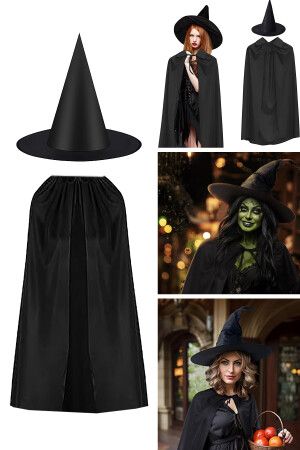 Halloween-Hexenhut, schwarzer schlichter Umhang-Set – Halloween-Hexenparty-Kostüm für Kinder und Erwachsene jeden Alters - 1