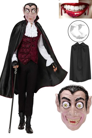 Halloween Vampir Maske Diş- Siyah Yetişkin Pelerin Cadılar Bayramı Vampir Kostüm Parti Seti - Parti Dolabı