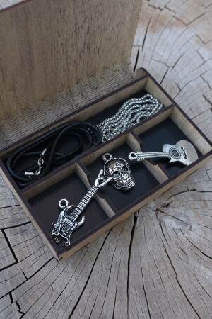 Halsketten-Set aus Holz, besonderes Geschenk, Spieluhr, Totenkopf, E-Gitarre, Seil und Kette DP-18 - 5