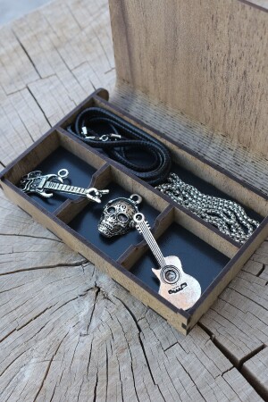 Halsketten-Set aus Holz, besonderes Geschenk, Spieluhr, Totenkopf, E-Gitarre, Seil und Kette DP-18 - 6