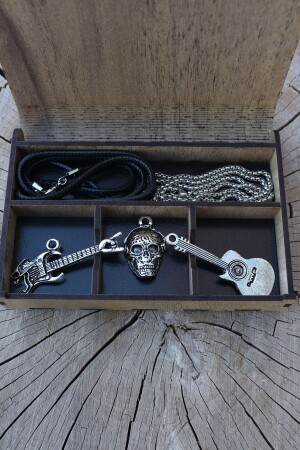 Halsketten-Set aus Holz, besonderes Geschenk, Spieluhr, Totenkopf, E-Gitarre, Seil und Kette DP-18 - 1