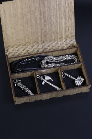 Halsketten-Set aus Holz, speziell verpackt, Schlangenschwert, Axt und Thorshammer, Seil und Kette DP-07 - 3
