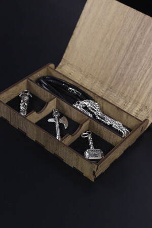 Halsketten-Set aus Holz, speziell verpackt, Schlangenschwert, Axt und Thorshammer, Seil und Kette DP-07 - 4