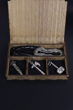 Halsketten-Set aus Holz, speziell verpackt, Schlangenschwert, Axt und Thorshammer, Seil und Kette DP-07 - 1