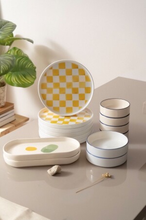 Hand Made 14 Parça 6 Kişilik Modern Kahvaltı Takımı&lüx Sunum Servis Tabakları - Kevin Seramik