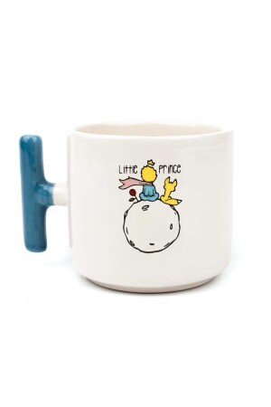 Handgefertigte cremefarbene glänzende Tasse „Der kleine Prinz“ (BLAUER GRIFF) – Geschenk-Keramik-Tasse PTELYPMKPY142 - 1