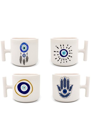 Handgefertigter 4-teiliger Becher mit „Evil Eye“-Motiv, bedruckt, Latte und Espresso mit T-Griff, S28 - 2