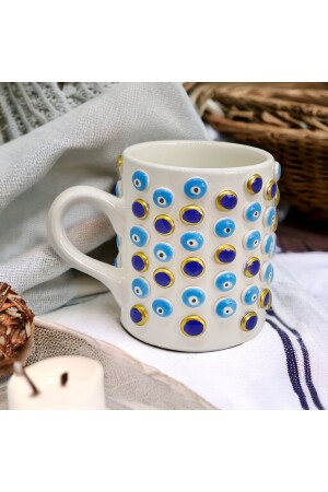 Handgefertigter, großer Becher aus Glas mit Henkel und Evil-Eye-Perlenmuster und Henkel aus Evil-Eye-Mischung - 2