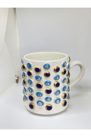 Handgefertigter, großer Becher aus Glas mit Henkel und Evil-Eye-Perlenmuster und Henkel aus Evil-Eye-Mischung - 5