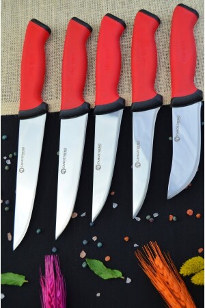 Handgefertigtes, rotes, detailliertes 5-teiliges Küchenmesser-Set, Metzger-Set, Rüstung, Fleisch, Brot, Obst, Gemüse, Messer-Set, 5er-Set - 4