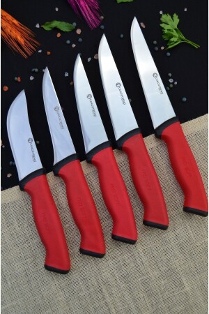 Handgefertigtes, rotes, detailliertes 5-teiliges Küchenmesser-Set, Metzger-Set, Rüstung, Fleisch, Brot, Obst, Gemüse, Messer-Set, 5er-Set - 2