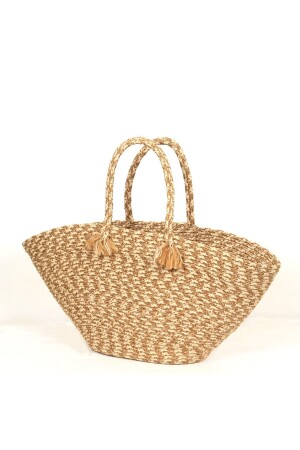 Handgestrickte beige-cremefarbene Damen-Strandtasche aus natürlicher Strohjute - 1