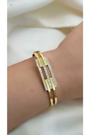 Handschellenarmband aus geripptem Edelstahl mit Zirkonsteinen - 2